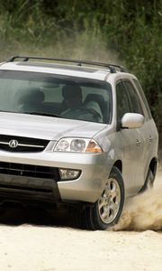 Preview wallpaper acura, mdx, silver metallic, jeep, front view, drift, cars, sand, bushes