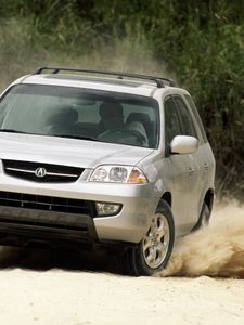 Preview wallpaper acura, mdx, silver metallic, jeep, front view, drift, cars, sand, bushes