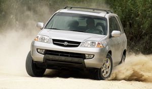 Preview wallpaper acura, mdx, silver metallic, jeep, front view, drift, cars, sand, bushes