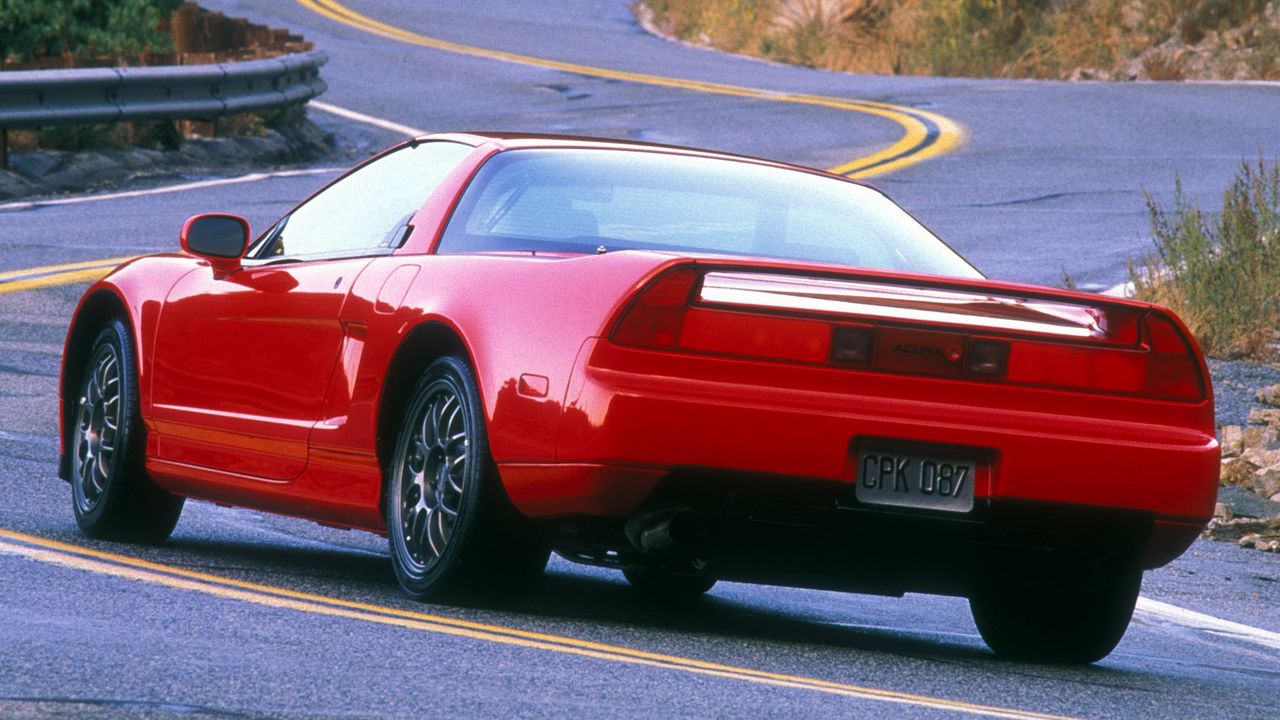 Wallpaper acura, nsx, 1999, red, rear view, sports, style, cars, road, rocks, nature