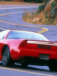 Preview wallpaper acura, nsx, 1999, red, rear view, sports, style, cars, road, rocks, nature