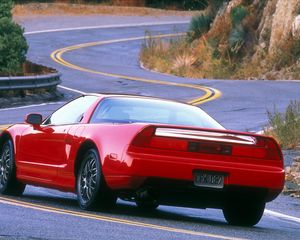 Preview wallpaper acura, nsx, 1999, red, rear view, sports, style, cars, road, rocks, nature