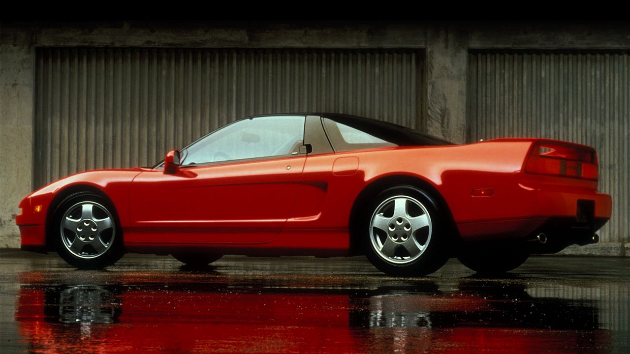 Wallpaper acura, nsx, red, side view, style, auto, reflection, wet asphalt
