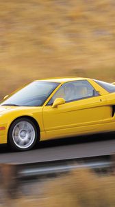 Preview wallpaper acura, nsx, yellow, style, side view, sport, cars, speed, road, paint
