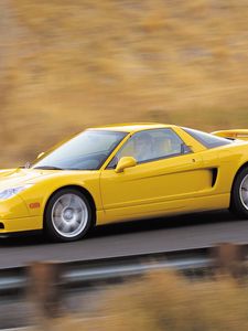 Preview wallpaper acura, nsx, yellow, style, side view, sport, cars, speed, road, paint