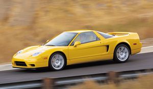 Preview wallpaper acura, nsx, yellow, style, side view, sport, cars, speed, road, paint