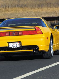 Preview wallpaper acura, nsx, yellow, sports, style, rear view, car, road, nature