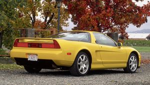 Preview wallpaper acura, nsx-t, yellow, side view, style, cars, nature, trees