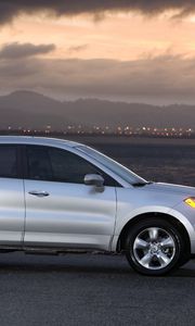 Preview wallpaper acura, rdx, silver metallic, side view, style, sky, lights, water, mountains