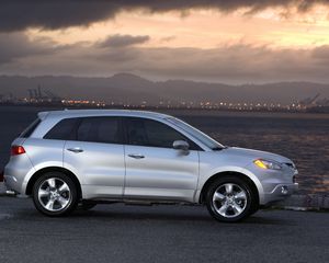 Preview wallpaper acura, rdx, silver metallic, side view, style, sky, lights, water, mountains