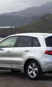 Preview wallpaper acura, rdx, silver metallic, side view, style, cars, mountains, nature, water