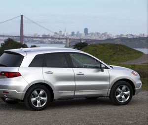 Preview wallpaper acura, rdx, silver metallic, side view, style, cars, nature, city, grass, bushes, water, asphalt