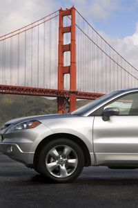 Preview wallpaper acura, rdx, silver metallic, side view, style, cars, nature, bridge, sky