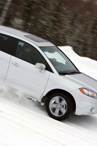 Preview wallpaper acura, rdx, white, jeep, side view, speed, cars, snow, forest