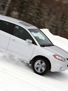 Preview wallpaper acura, rdx, white, jeep, side view, speed, cars, snow, forest