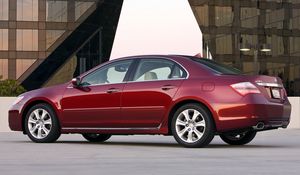 Preview wallpaper acura, rl, 2008, red, side view, style, cars, buildings, lantern, asphalt