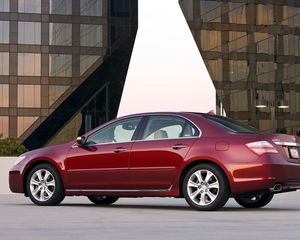 Preview wallpaper acura, rl, 2008, red, side view, style, cars, buildings, lantern, asphalt