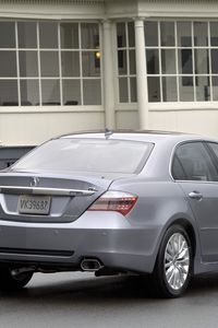 Preview wallpaper acura, rl, 2010, gray metallic, rear view, style, car, house, grass, asphalt