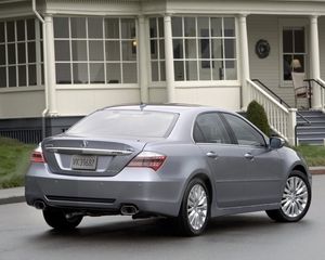 Preview wallpaper acura, rl, 2010, gray metallic, rear view, style, car, house, grass, asphalt