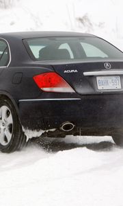 Preview wallpaper acura, rl, black, rear view, cars, snow, style, movement