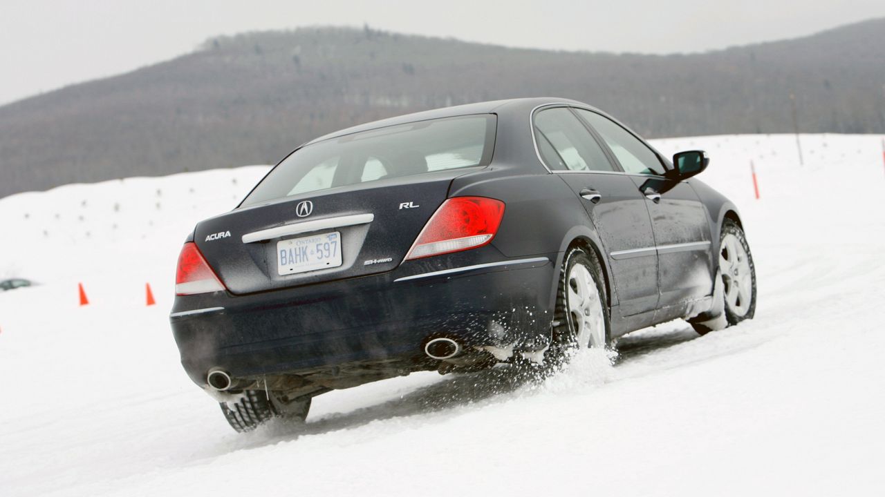 Wallpaper acura, rl, black, rear view, car, snow, style, nature