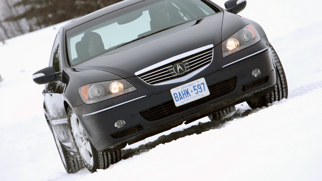 Wallpaper acura, rl, black, front view, style, car, snow, trees