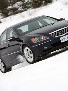 Preview wallpaper acura, rl, black, side view, style, car, snow, trees