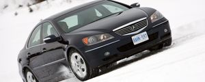 Preview wallpaper acura, rl, black, side view, style, car, snow, trees