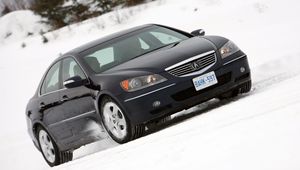 Preview wallpaper acura, rl, black, side view, style, car, snow, trees