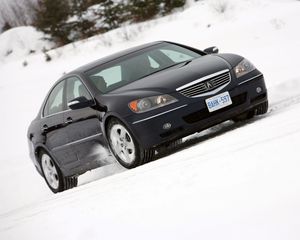 Preview wallpaper acura, rl, black, side view, style, car, snow, trees