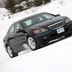 Preview wallpaper acura, rl, black, side view, style, car, snow, trees