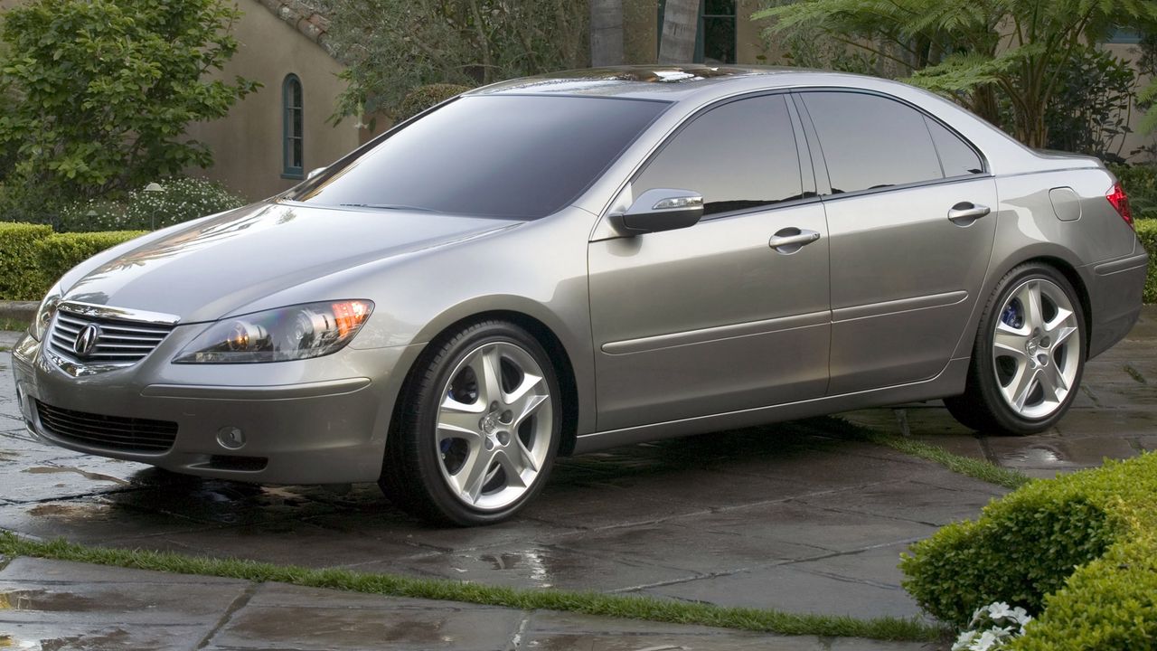 Wallpaper acura, rl, concept, 2004, gray, side view, style, cars, nature, trees, grass, reflection, building