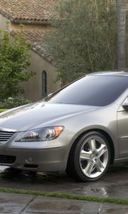 Preview wallpaper acura, rl, concept, 2004, gray, side view, style, cars, nature, trees, grass, reflection, building