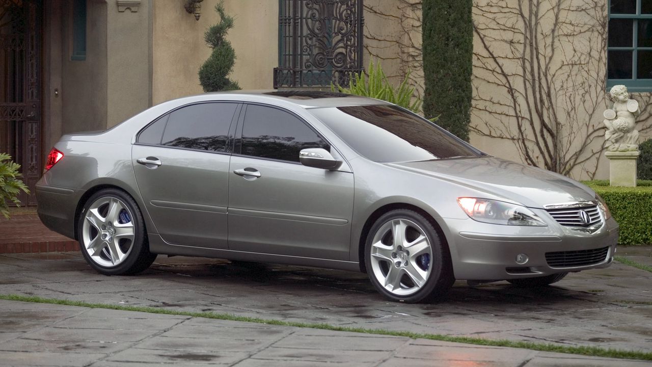 Wallpaper acura, rl, concept, 2004, metallic gray, side view, style, cars, grass, buildings, shrubs