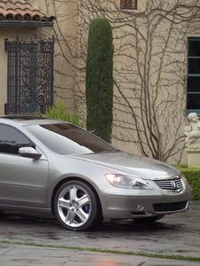 Preview wallpaper acura, rl, concept, 2004, metallic gray, side view, style, cars, grass, buildings, shrubs