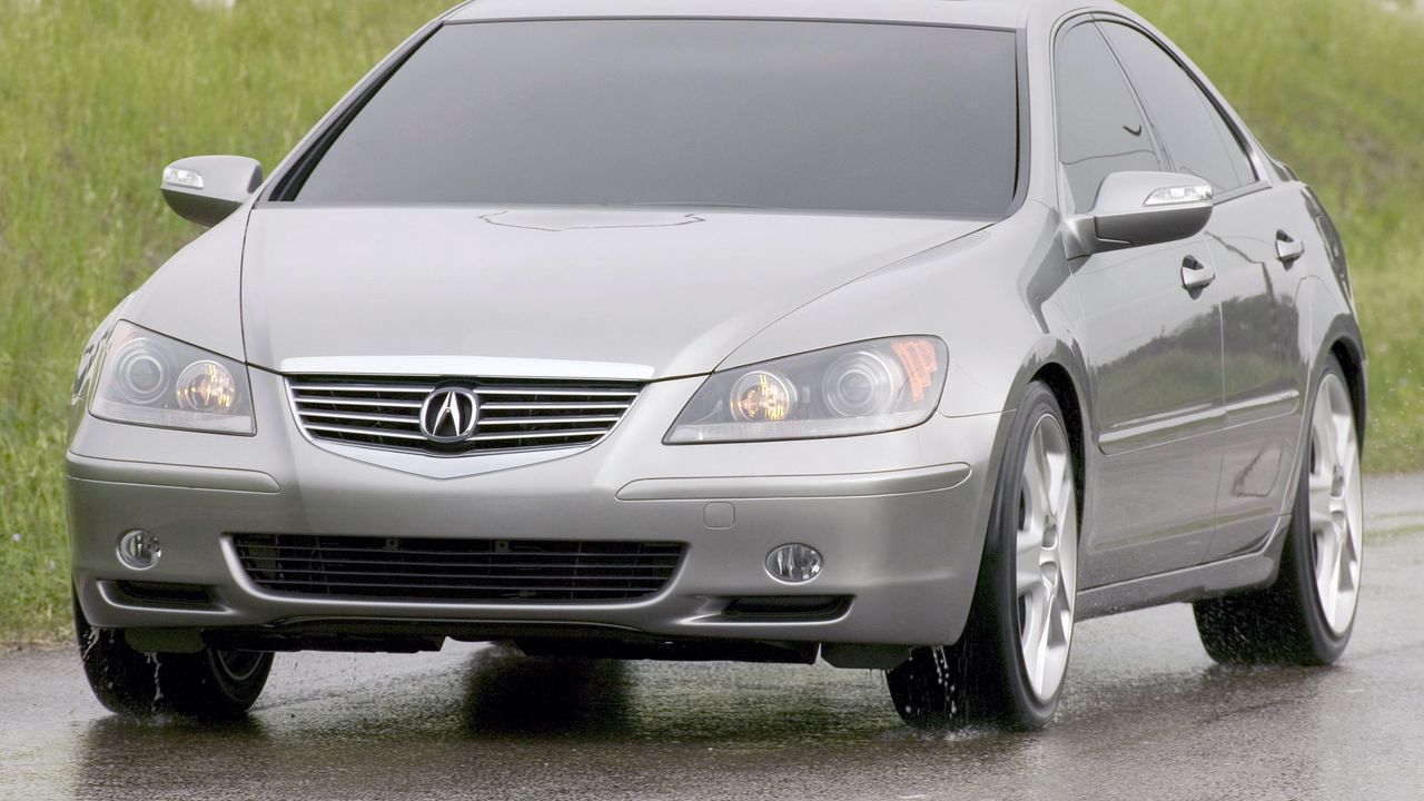 Wallpaper acura, rl, concept, 2004, gray metallic, front view, style, cars, grass, fence, wet asphalt