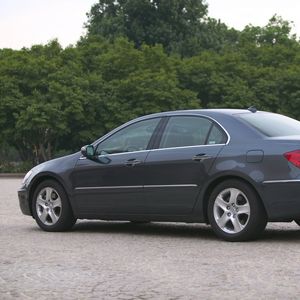 Preview wallpaper acura, rl, gray, side view, style, cars, trees, asphalt