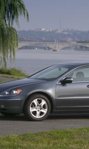 Preview wallpaper acura, rl, gray, side view, style, cars, nature, bridge, city, water, wood, grass