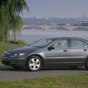 Preview wallpaper acura, rl, gray, side view, style, cars, nature, bridge, city, water, wood, grass