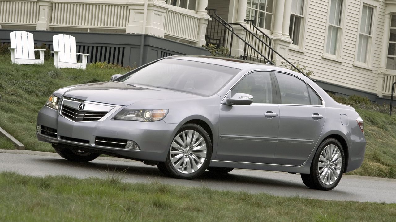 Wallpaper acura, rl, metallic gray, side view, style, cars, building, grass