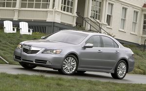 Preview wallpaper acura, rl, metallic gray, side view, style, cars, building, grass