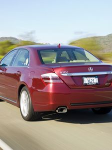 Preview wallpaper acura, rl, red, rear view, auto, style, movement, speed, nature, mountains