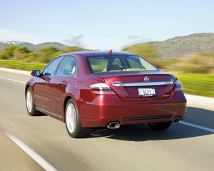 Preview wallpaper acura, rl, red, rear view, auto, style, movement, speed, nature, mountains