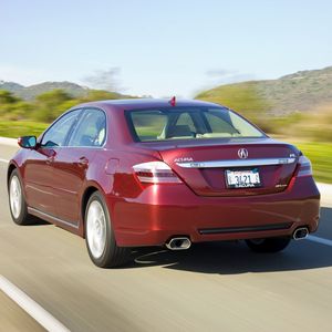 Preview wallpaper acura, rl, red, rear view, auto, style, movement, speed, nature, mountains