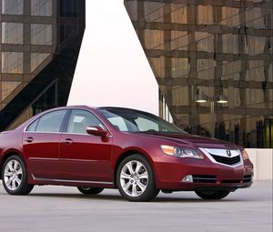 Preview wallpaper acura, rl, red, side view, style, sedan, auto, building, asphalt