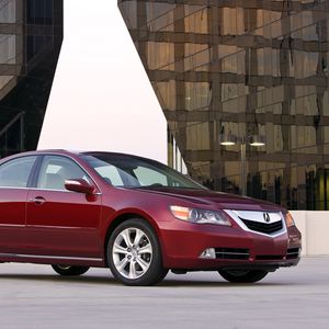 Preview wallpaper acura, rl, red, side view, style, sedan, auto, building, asphalt