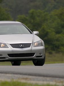 Preview wallpaper acura, rl, silver metallic, front view, style, sedan, auto, road, nature, grass, trees