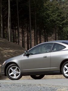 Preview wallpaper acura, rsx, 2002, metallic gray, side view, style, cars, trees, asphalt