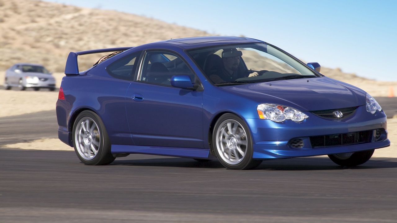 Wallpaper acura, rsx, 2004, blue, side view, style, cars, road, motion, mountain