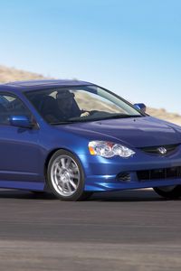 Preview wallpaper acura, rsx, 2004, blue, side view, style, cars, road, motion, mountain